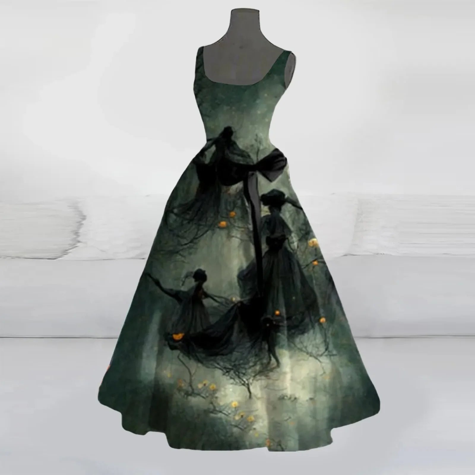 Funny Printed Sleeveless SlimFit Belted Halloween O Neck Streetwear Party Female Long Lady Skull Dress