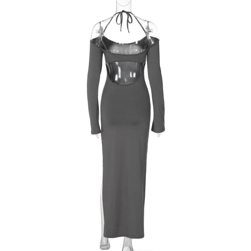 Halter Backless es Elegant Sleeve Club Party Split es Clothes Maxi Dress