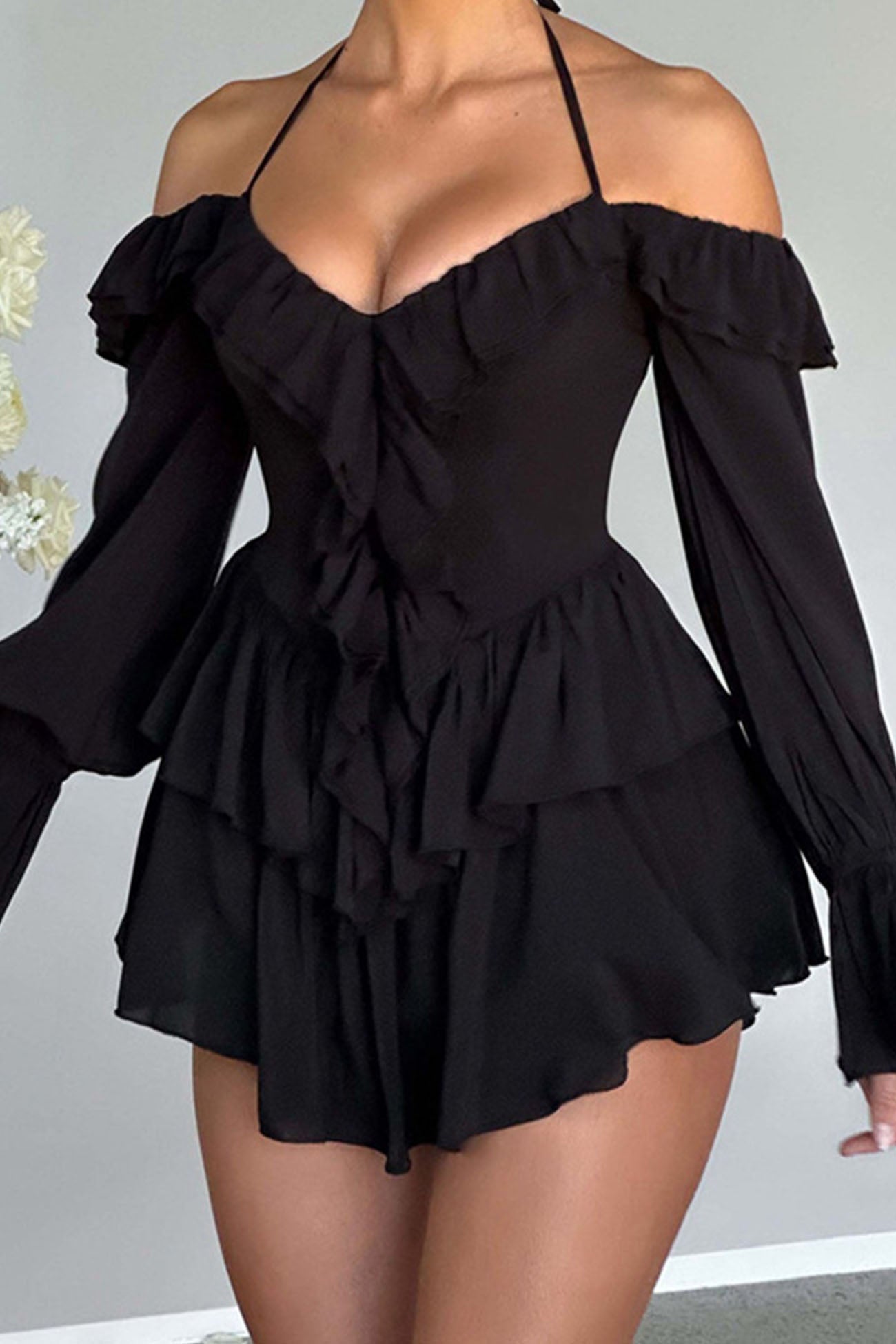 Halter Off The Shoulder Ruffled Mini Dress