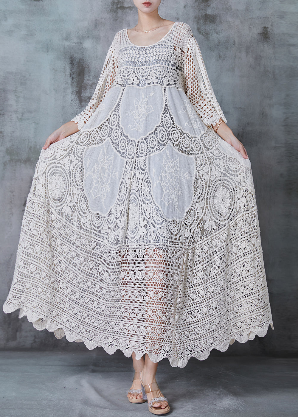 Women Beige Embroidered Hollow Out Knit Dress Summer