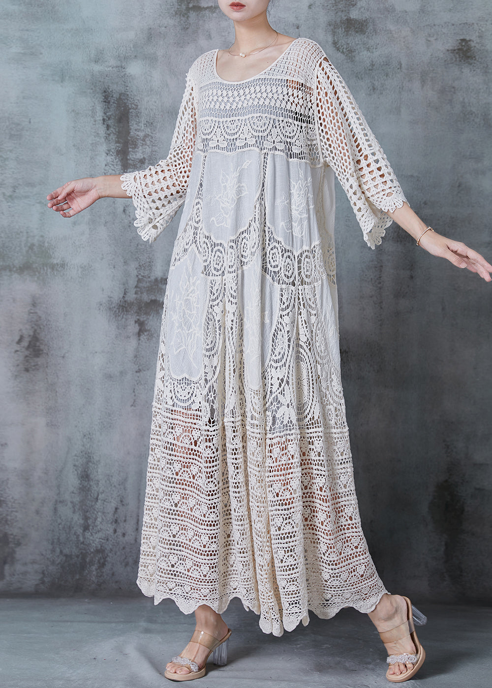 Women Beige Embroidered Hollow Out Knit Dress Summer