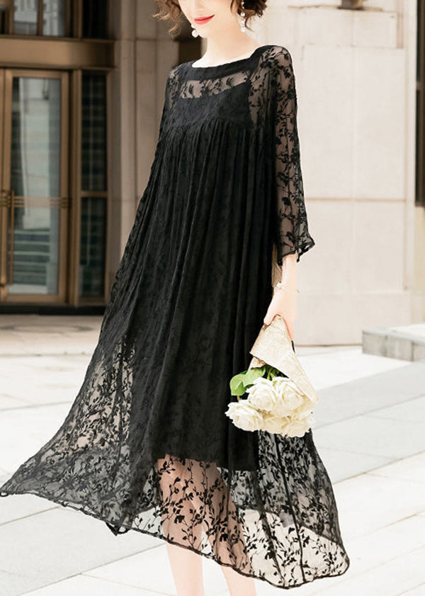 Handmade Black Square Collar Embroidered Silk A Line Dresses