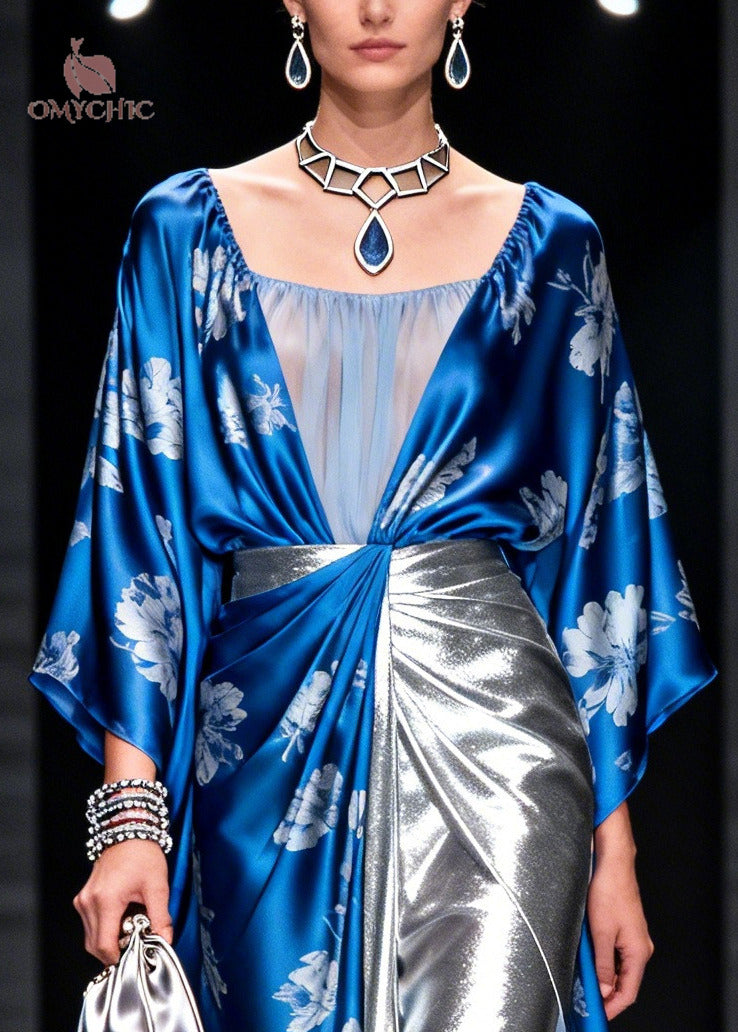 Handmade Blue Asymmetrical Patchwork Print Chiffon Dresses Summer