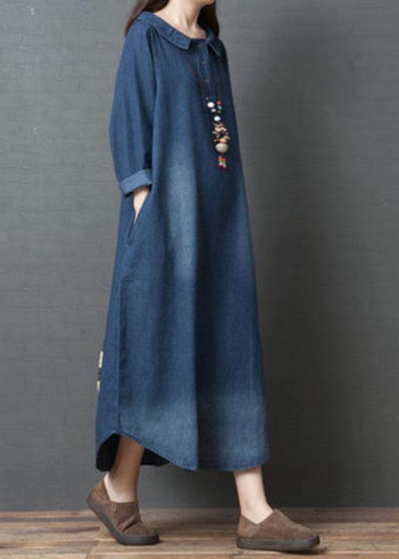 Handmade Blue PeterPan Collar Pockets  Patchwork Fall Denim Long sleeve Dresses