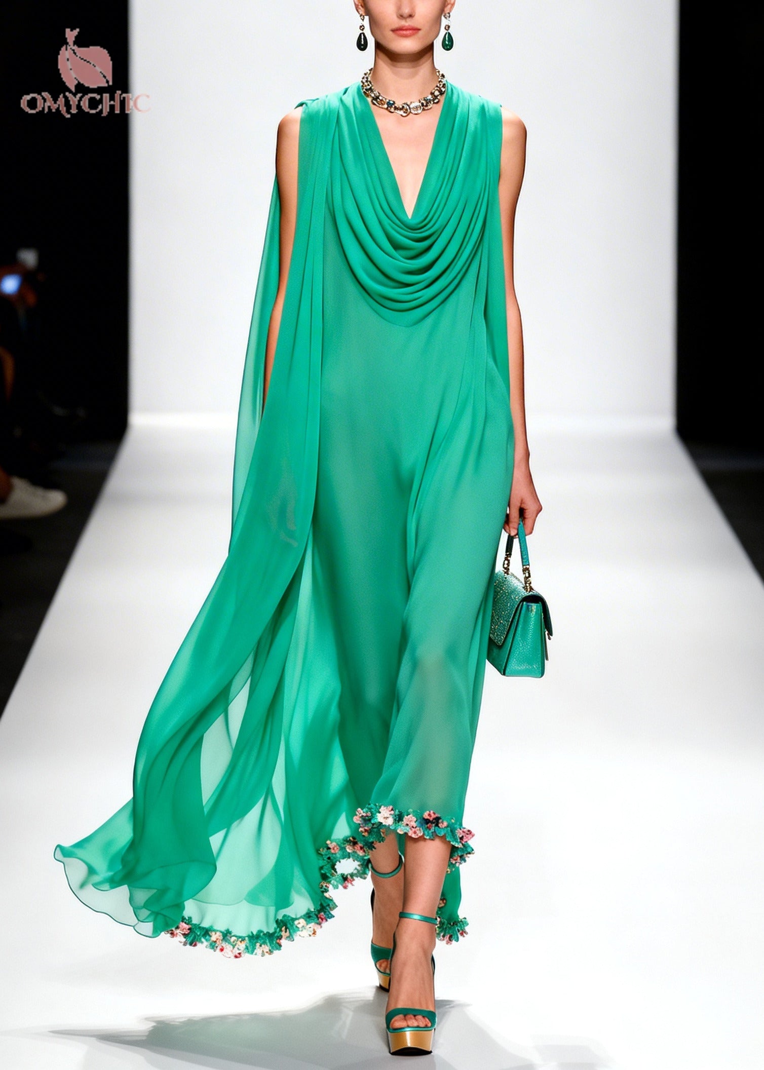 Handmade Green Turtle Neck Patchwork Flower Chiffon Dress Summer