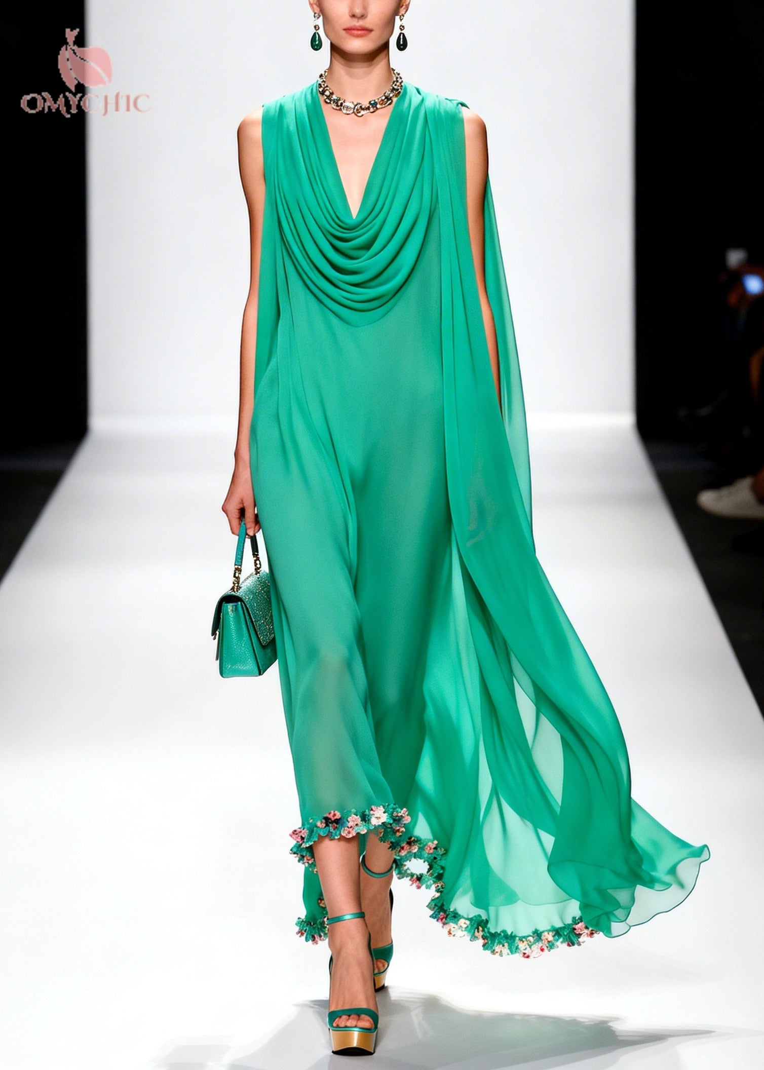 Handmade Green Turtle Neck Patchwork Flower Chiffon Dress Summer