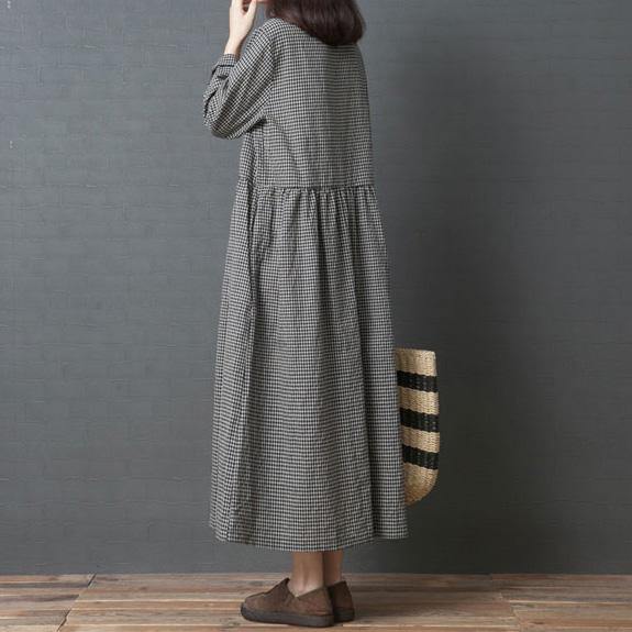 Handmade Black Plaid Linen Dresses O Neck Patchwork Long Dress