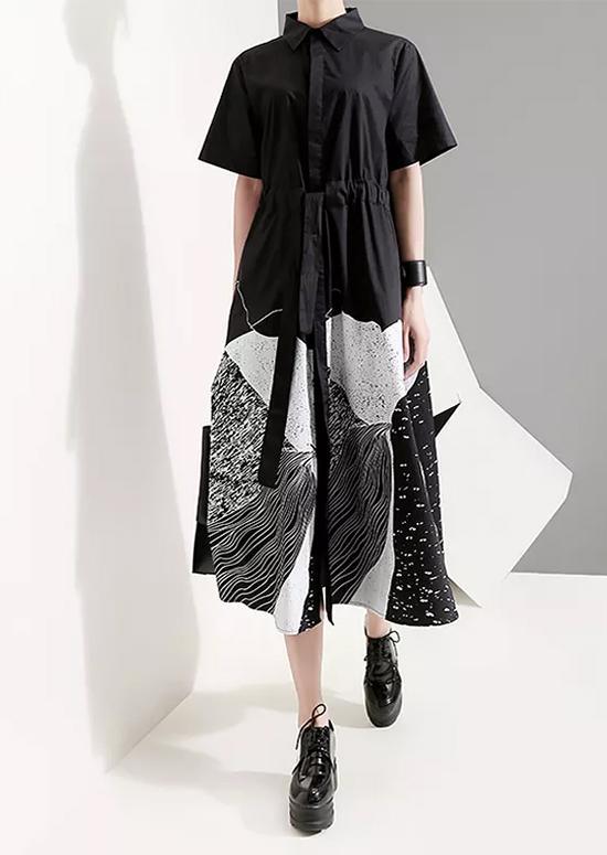 Handmade Lapel Tie Waist Clothes Work Outfits Black Abstract pattern Maxi Dresses