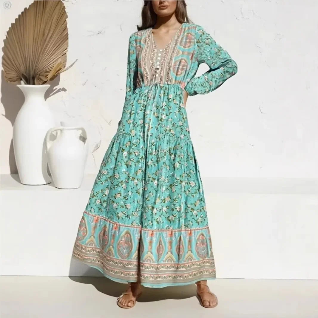 Lantern Sleeve Loose V-neck Green Floral Print Summer Maxi Boho Dress GREEN / S bohodress-250126