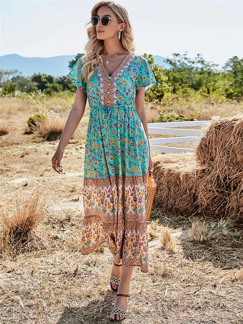 Floral Print Button V-neck Pleated Rayon Beach Maxi Boho Dress GREEN / S bohodress-250126