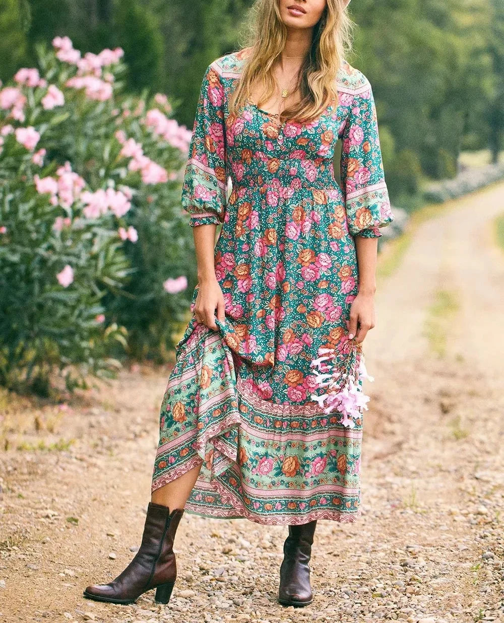 Floral Print Cross V-neck Button Summer Boho Dress Green / S bohodress-250126