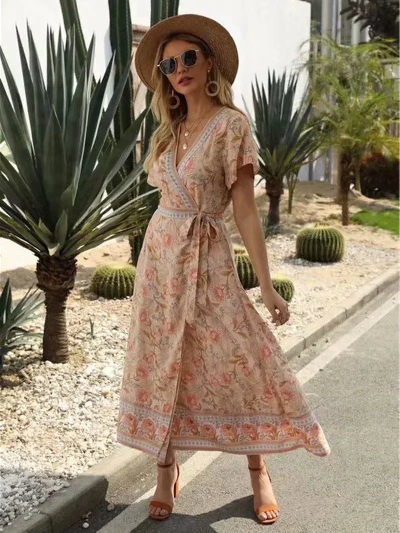 Cross V-neck Ruffles Boho Pleated Dress