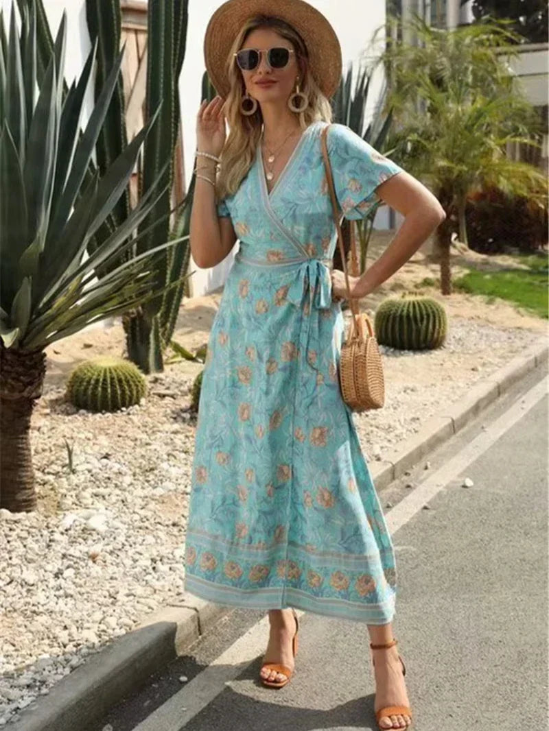 Cross V-neck Ruffles Boho Pleated Dress