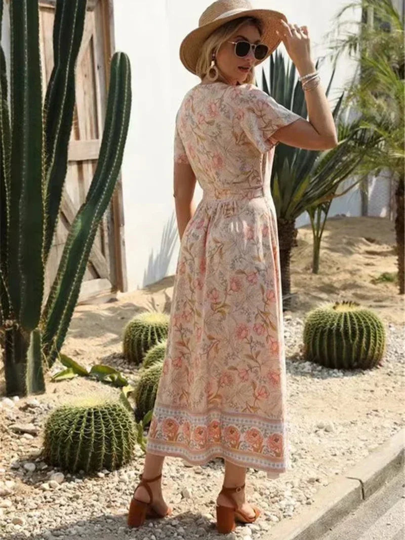 Cross V-neck Ruffles Boho Pleated Dress Pink / S bohodress-250126
