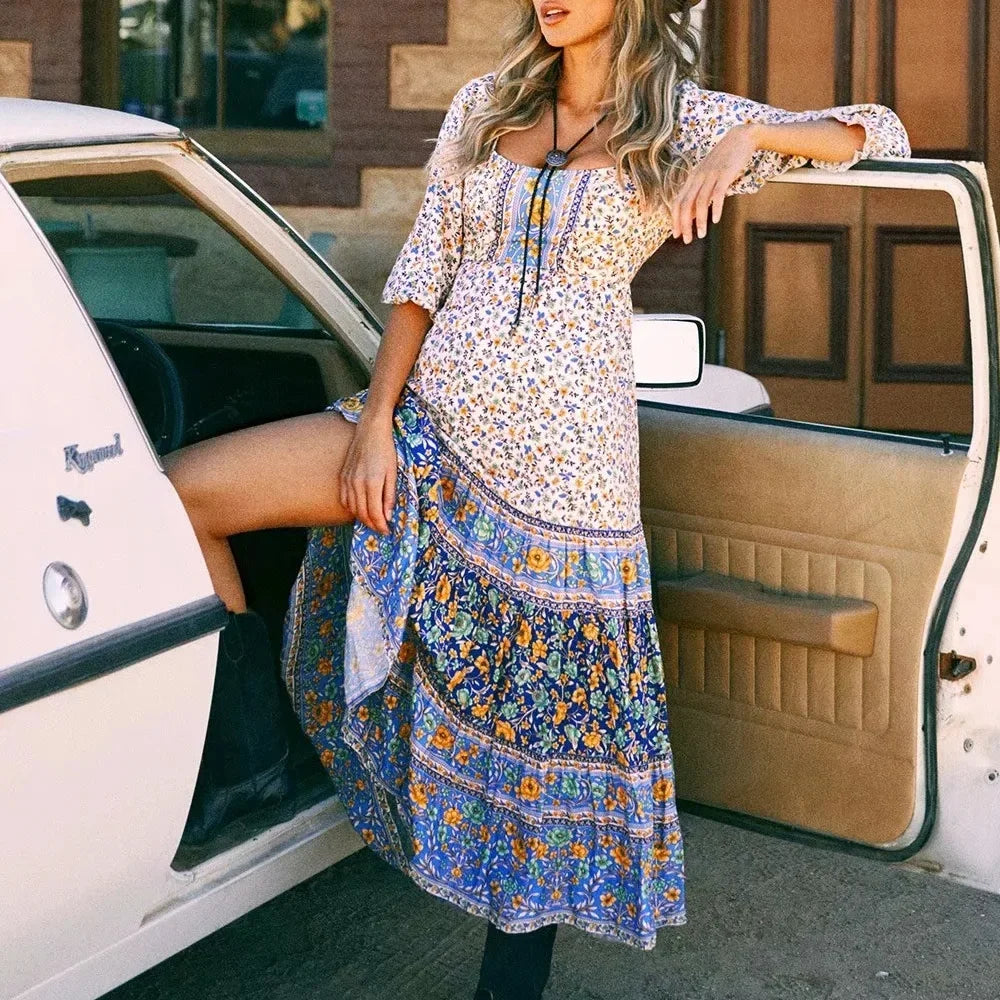 Floral Print Long Sleeve Sashes Fold O-neck Boho Dress Creamy-white / S bohodress-250126