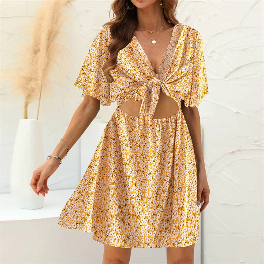 Floral Print Rayon Deep Bow Neck Short Sleeve Sexy Hollow Out Mini Boho Dress Yellow / M bohodress-250126