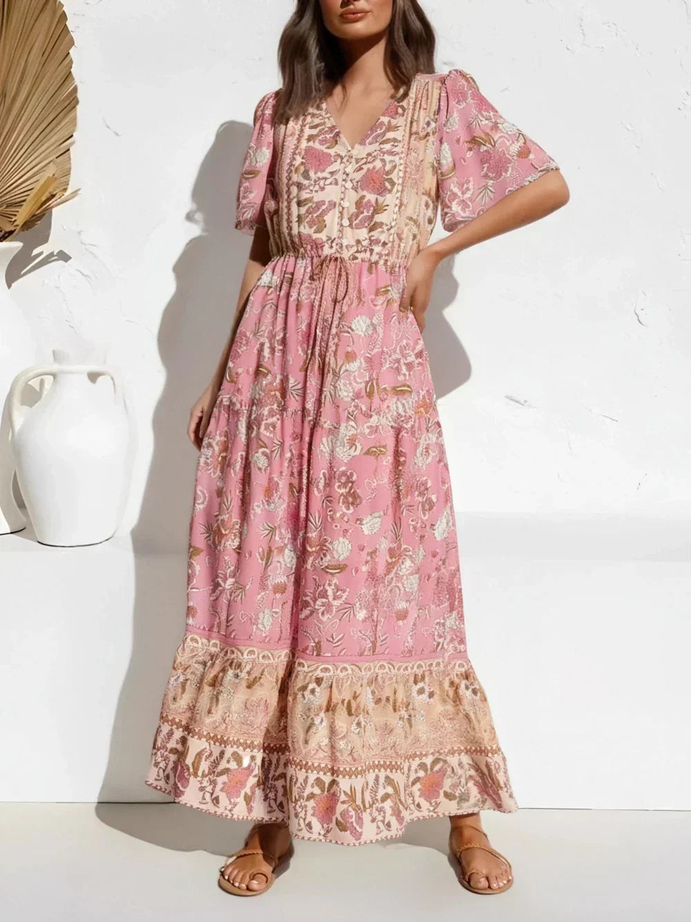 Floral Print Tie Neck Pleated Cotton Rayon Boho Dress red / S bohodress-250126