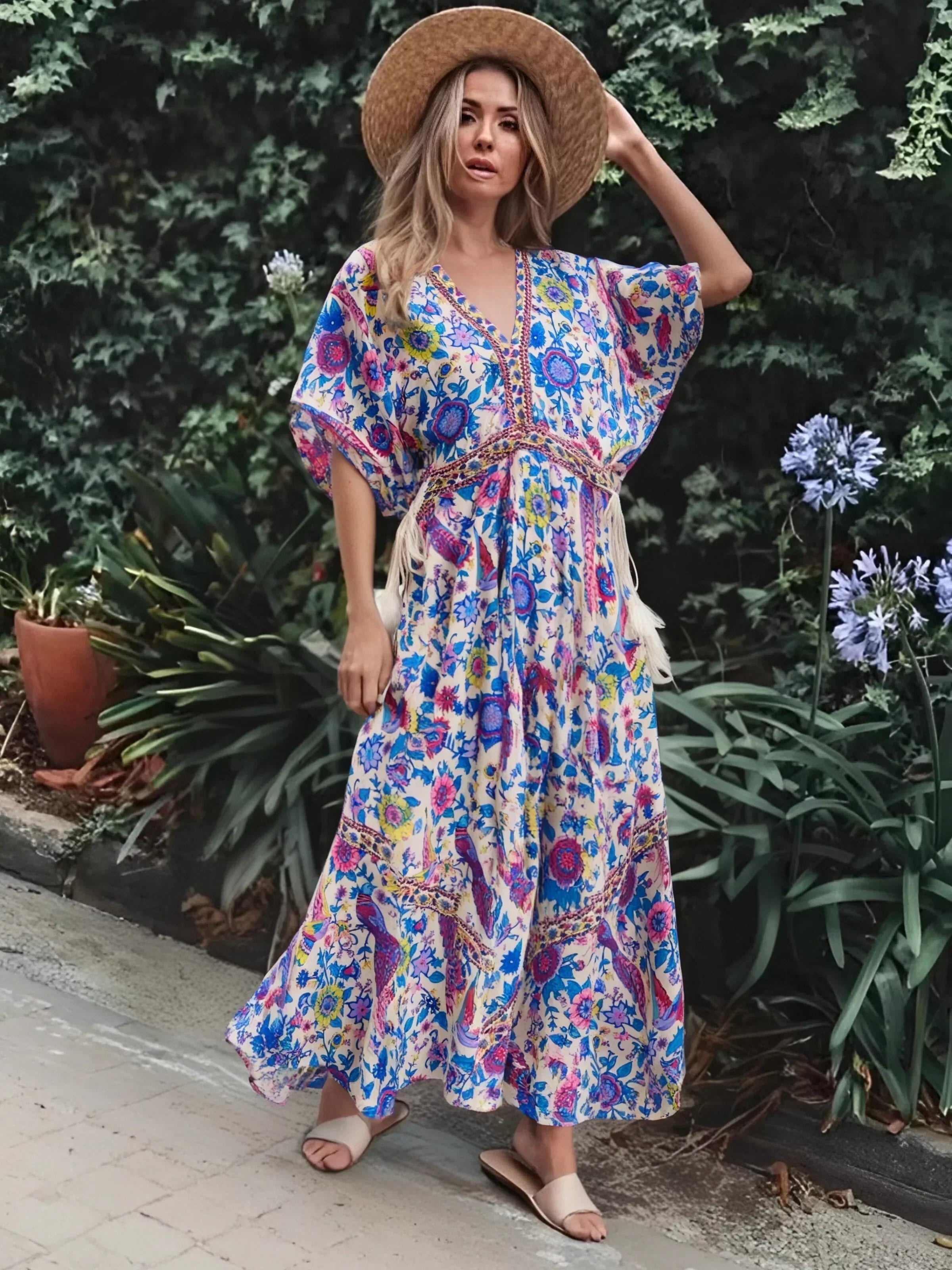 Peacock Floral Print V-neck Tassel Rayon Vacation Boho Dress Beige / S bohodress-250126