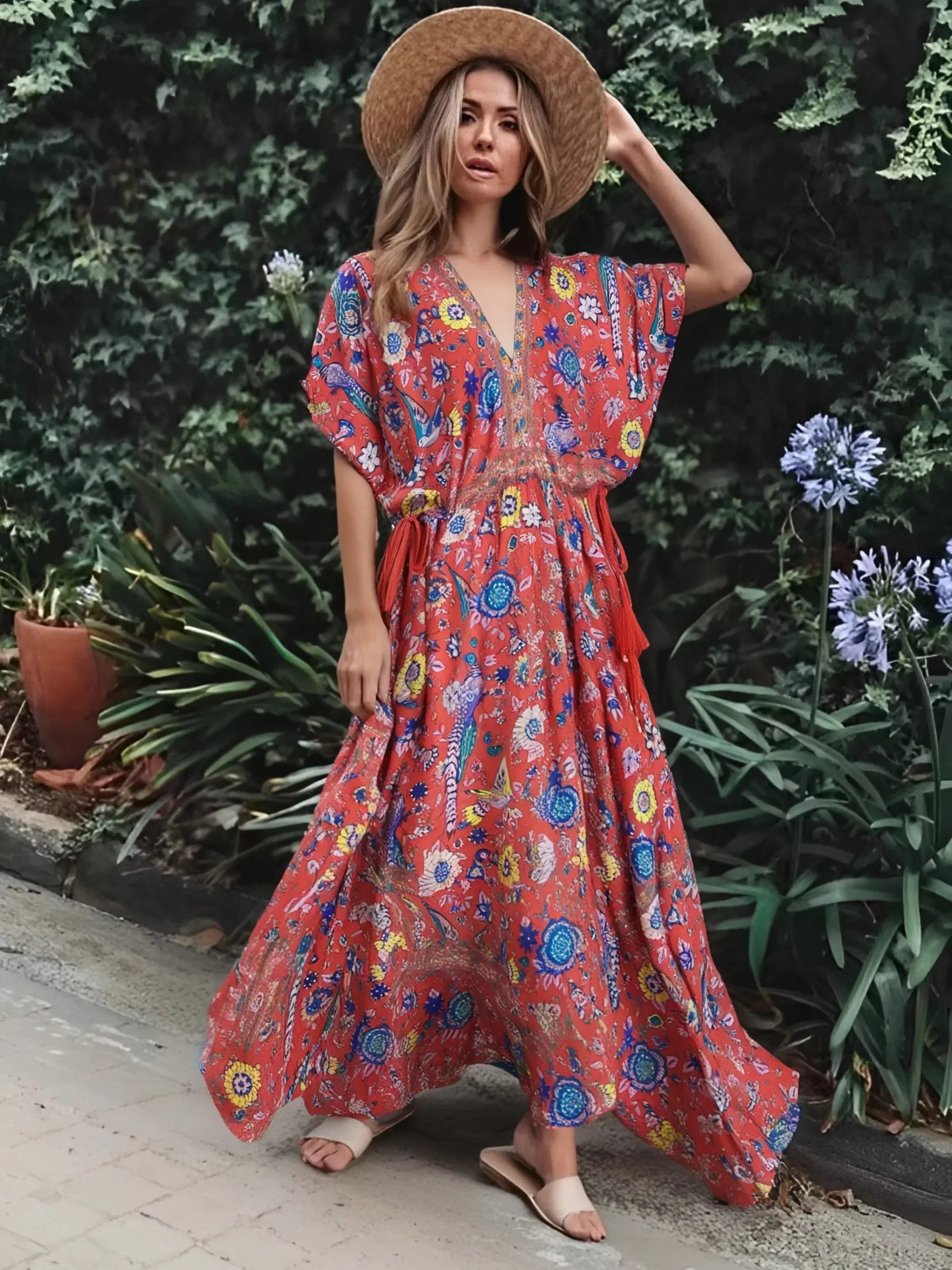 Peacock Floral Print V-neck Tassel Rayon Vacation Boho Dress Red / S bohodress-250126