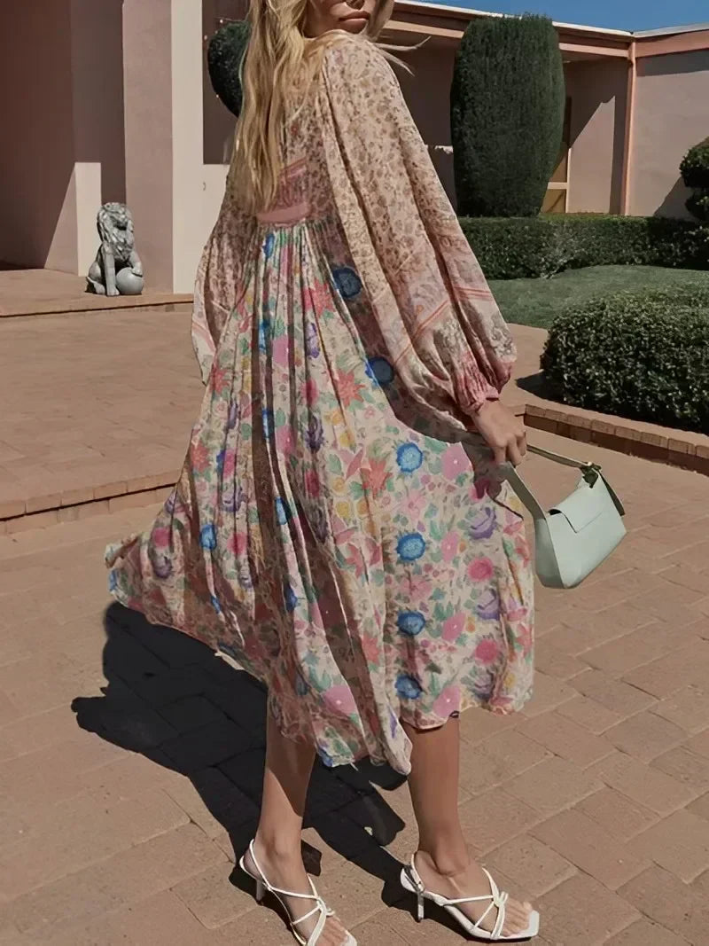 Pink Floral Square Collar Short Sleeve Boho Dress
