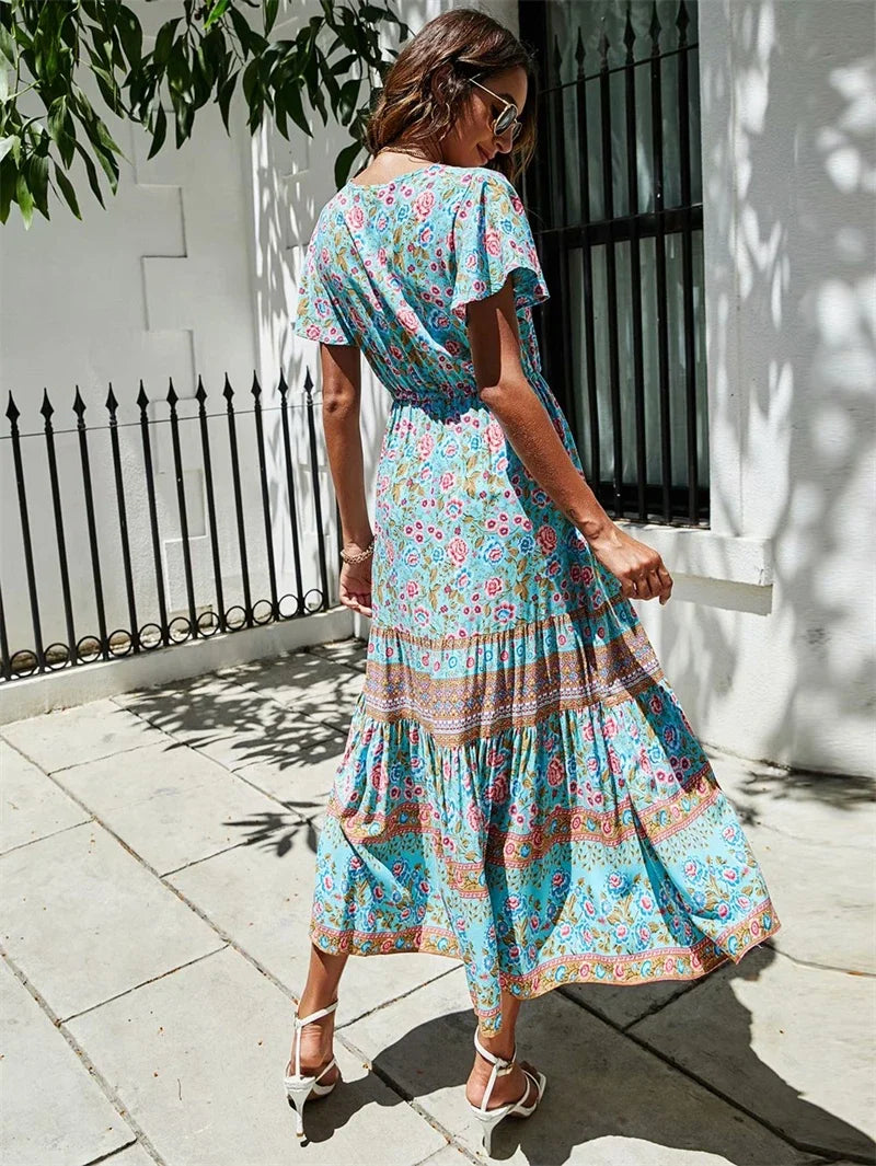 Red Floral Print Bat Sleeve Tassel V-neck Summer Boho Dress