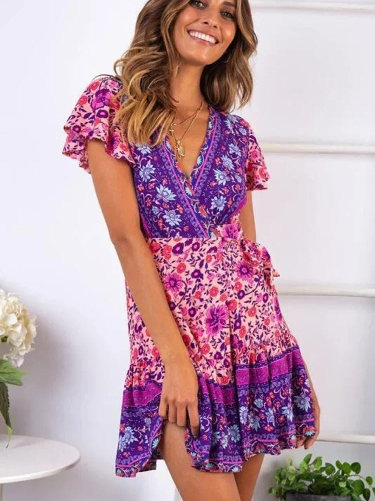 Red Floral Print Short Sleeve Rayon Summer Wrap Mini Boho Dress