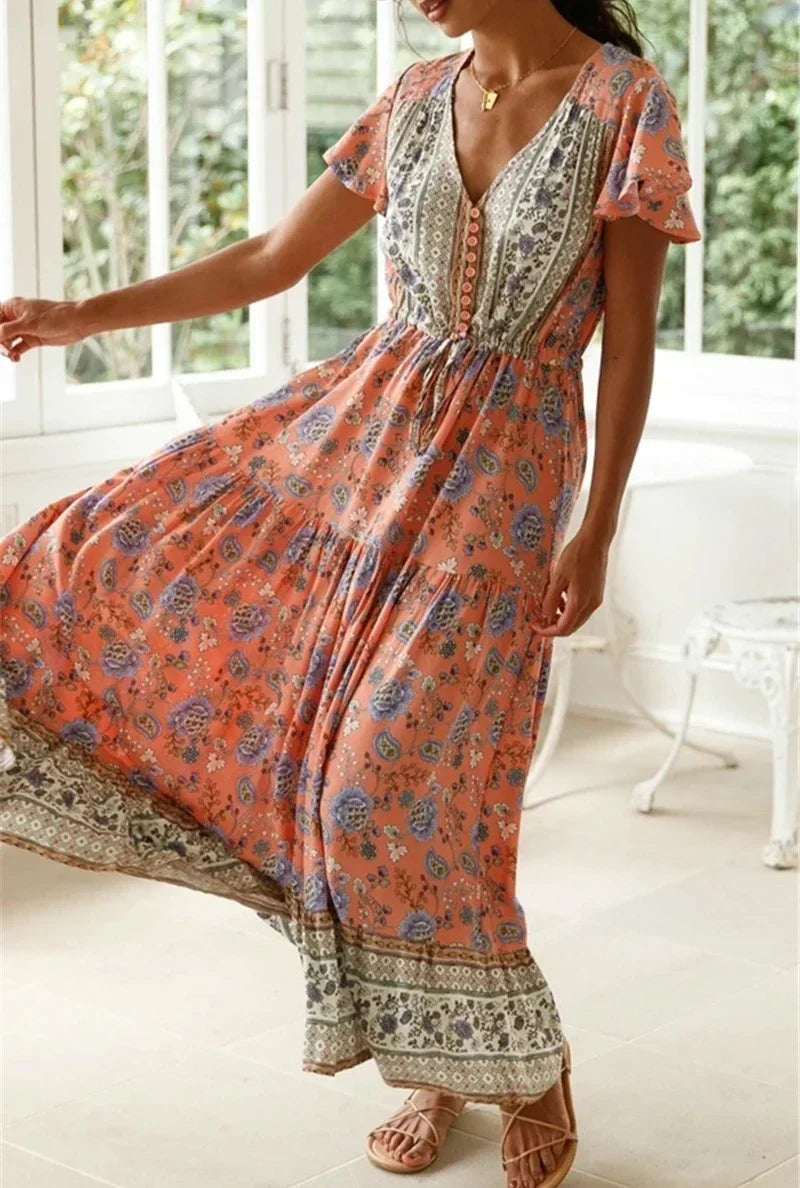 Sexy High Split Flare Sleeve Rayon Cotton Boho Dress