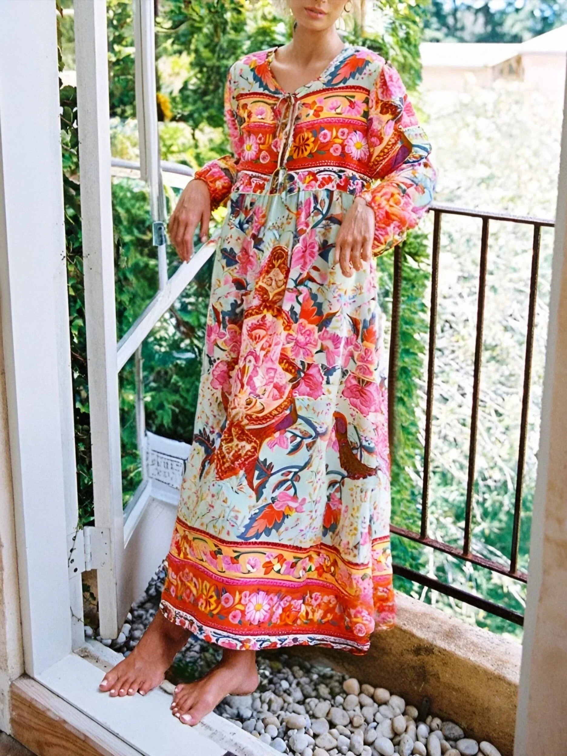 Tassel Red Floral Print Rayon Cotton Pleated Long Maxi Boho Sundress Red / S bohodress-250126