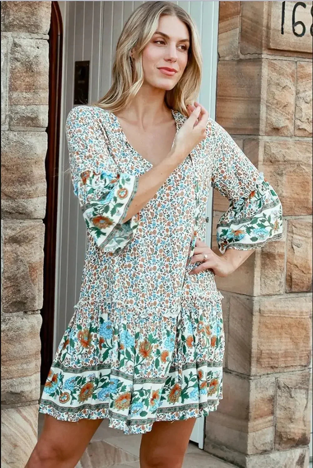 Tie Neck Ruffles Floral Print Rayon Summer Mini Vacation Boho Dress