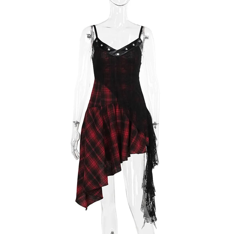 Harajuku Gothic Plaid Y2K 2000S Lace Patchwork Spaghetti Strap Streetwear V-Neck Dress Red / M
