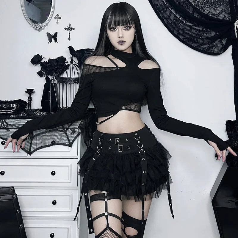 Harajuku Gothic Dark Women CyberY2k Egirl Streetwear Hip Hop Eyelet Ribbons Mesh Patchwork Cake Skirt