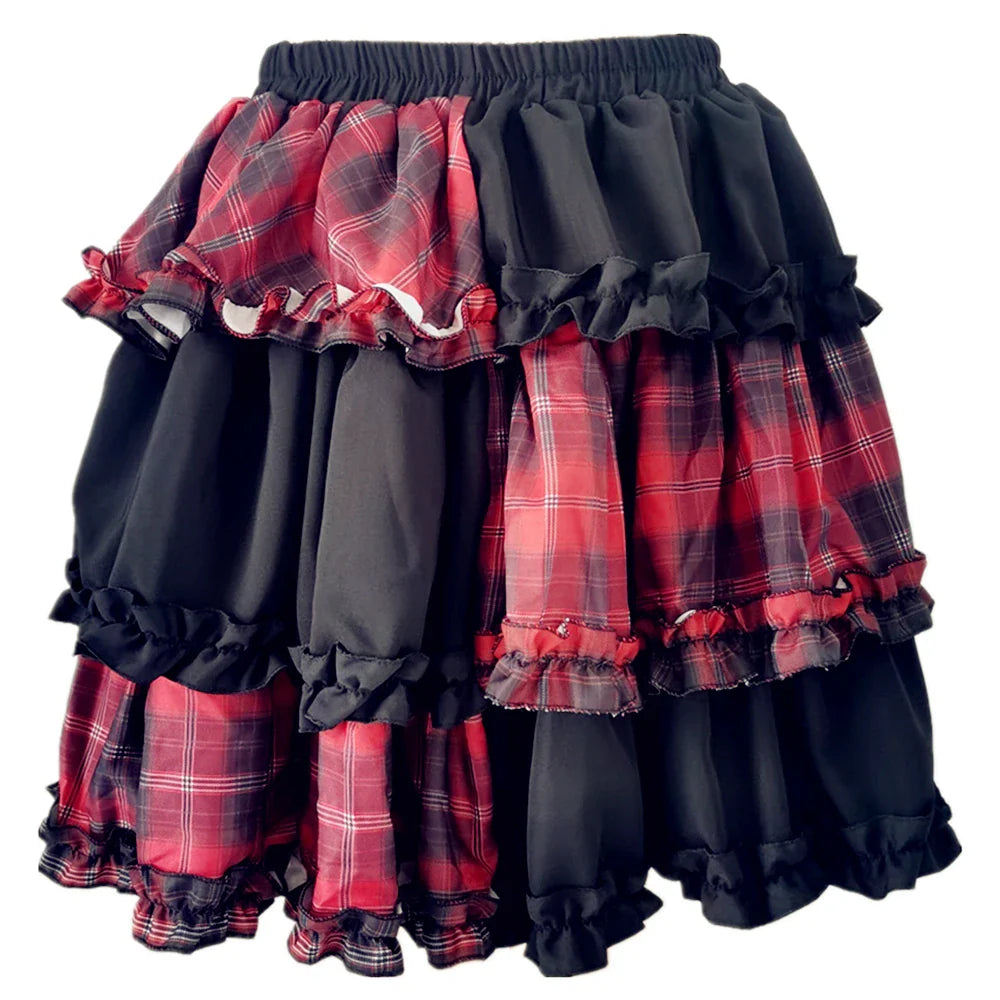 Harajuku Twodimensional Dark Petticoat Cosplay Red Plaid Stitching High Waist Aline Spice Girl Rock Skirt