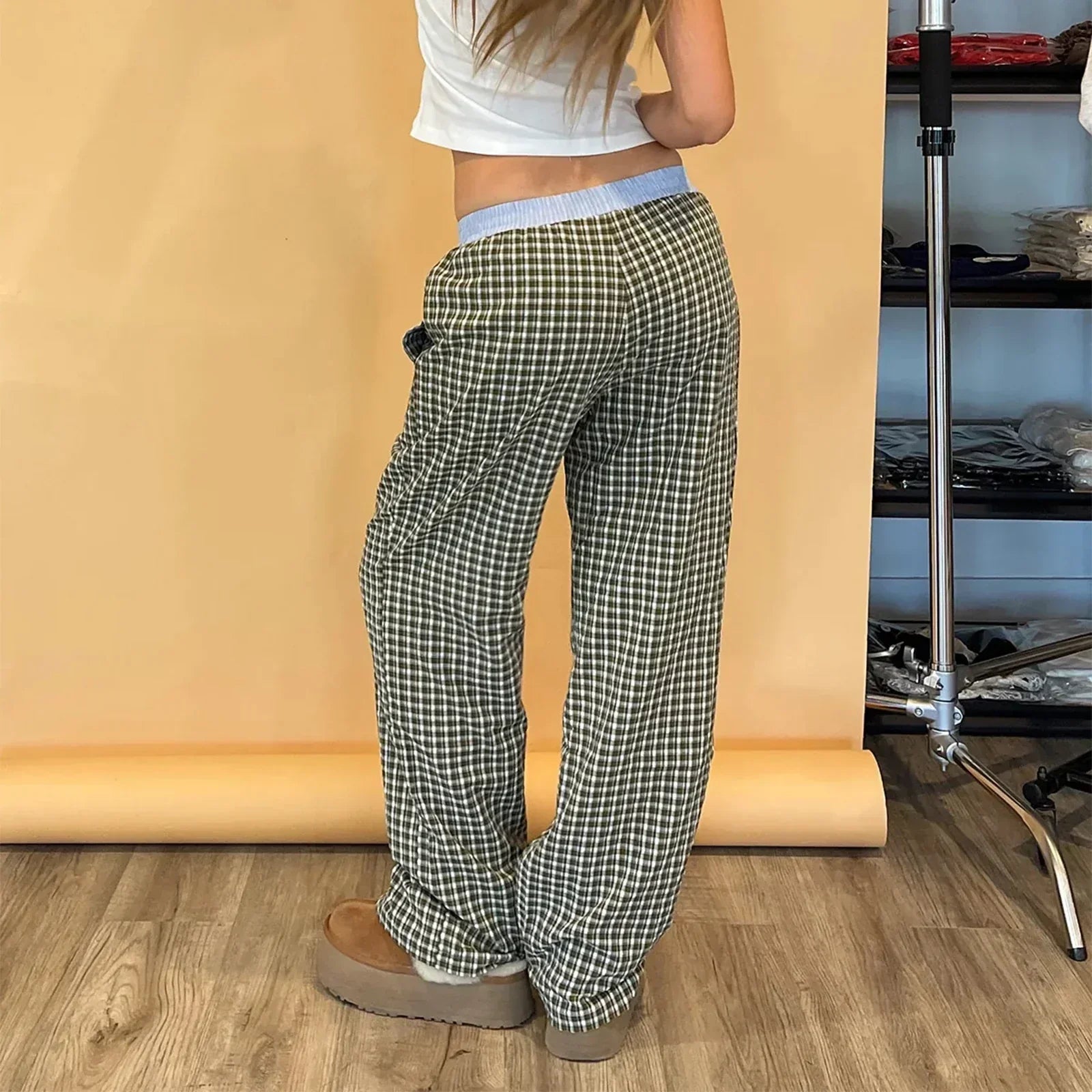Plaid Sleep Lounge Bottoms Elastic Waist Pant