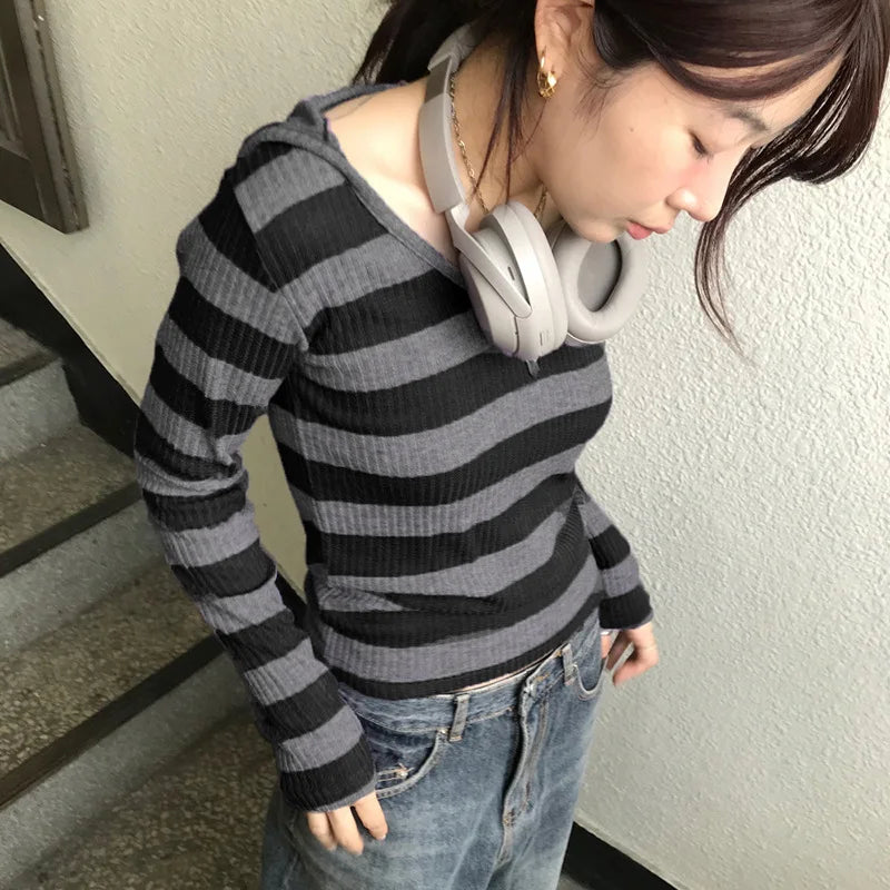 Harajuku Stripe Hooded Slim Contrast Color Long Sleeve Knit Top