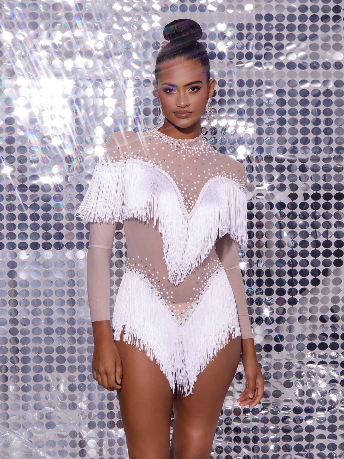 High Neck Long Sleeve Rhinestone Illusion Tassel Fringe Mini Dress