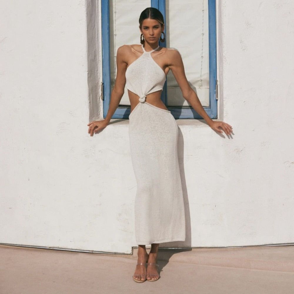 Halter Neck Twist Cutout Backless Knit Bodycon Maxi Dress