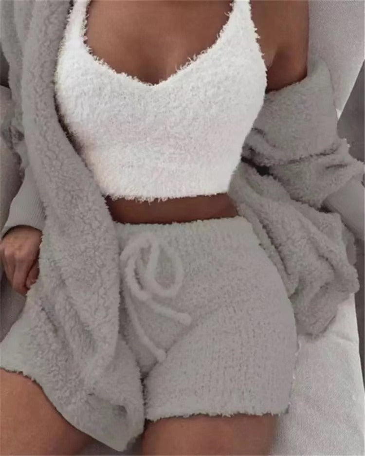 Sexy Fluffy Autumn Piece Sweatshirt Backless Plush Home Sports Women Pyjamas Wear Winter Fleece