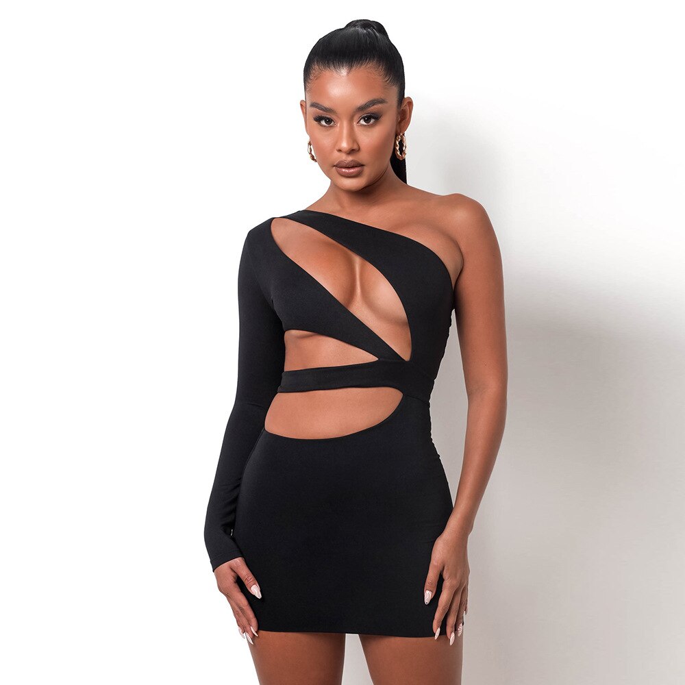 Autumn Bodycon - White Out Shoulder Evening Women Club Gown Cut One Dress Black Stretchy Dress / Xs