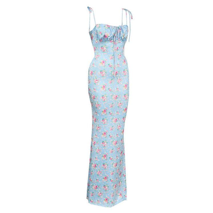 Blue Spaghetti Strap Floral Tie Front Ruched Bodycon Maxi Dress