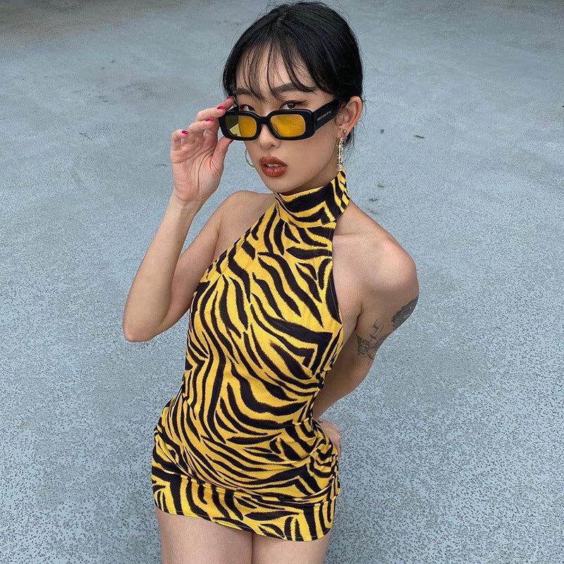 Animal Print High Neck Halter Zebra Print Sleeveless Bodycon Mini Dress
