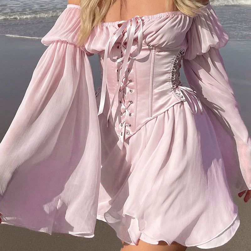 Off-Shoulder Puff Sleeve Lace-Up Corset Floral Chiffon Mini Dress