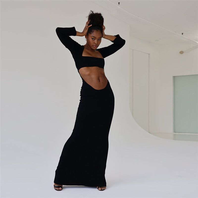 Black Square Neck Long Sleeve Midriff Cutout Bodycon Maxi Dress