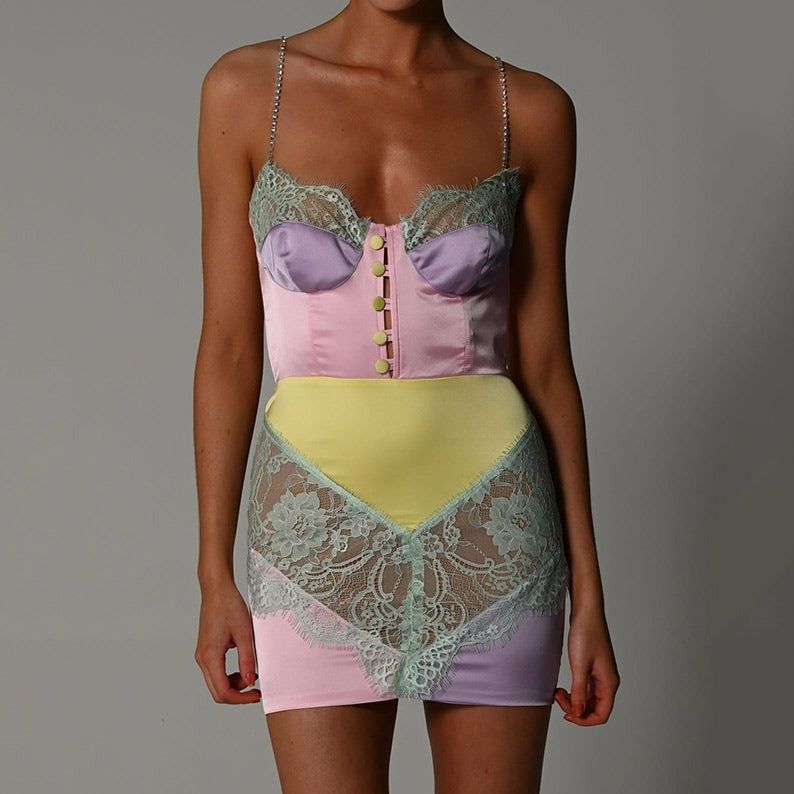 Pink Rhinestone Strap Satin Lace Trim Corset Bodycon Mini Dress