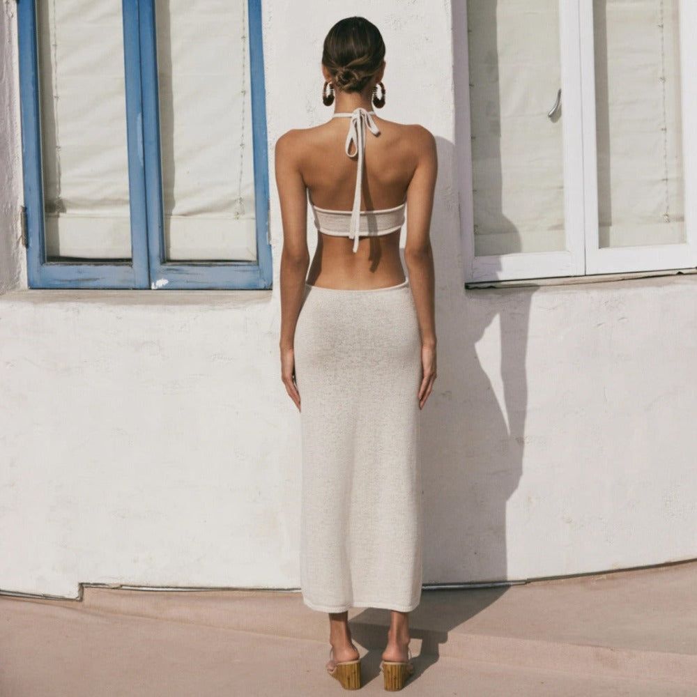 Halter Neck Twist Front Cutout Knit Bodycon Maxi Dress