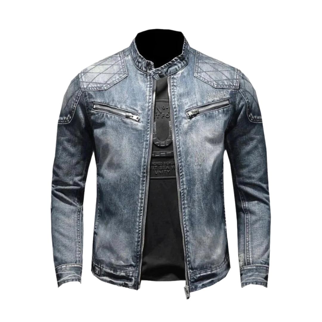 Blue Stand Collar Zip Front Washed Biker Denim Jacket