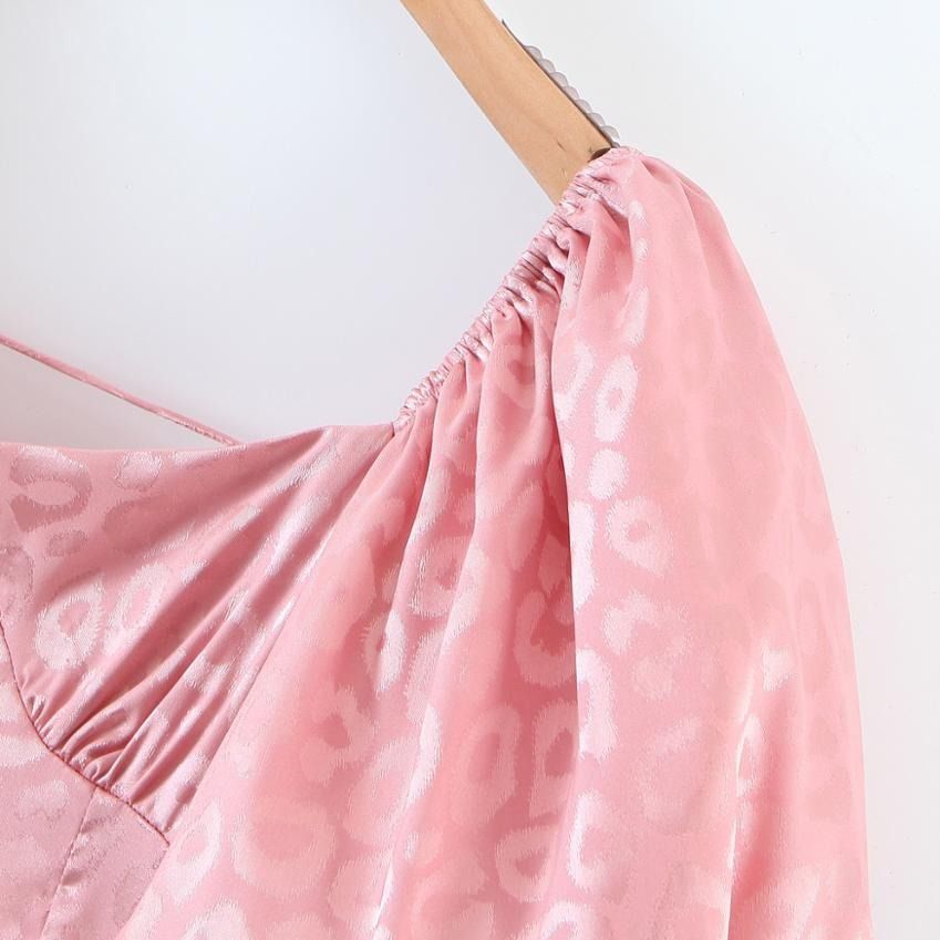 Pink Puff Sleeve Lace-Up Open Back Textured Jacquard Mini Dress