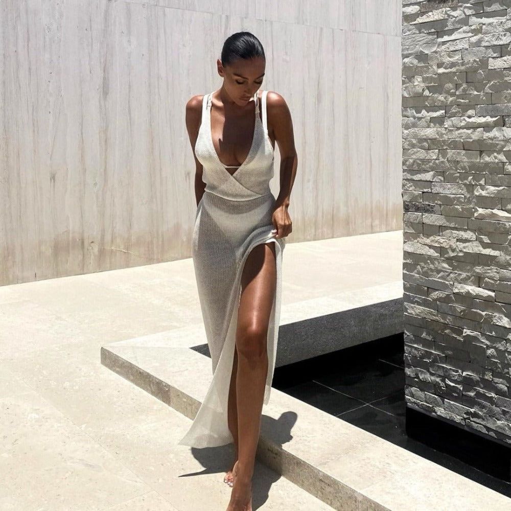 White V-Neck Sheer Crochet Knit High Slit Maxi Dress