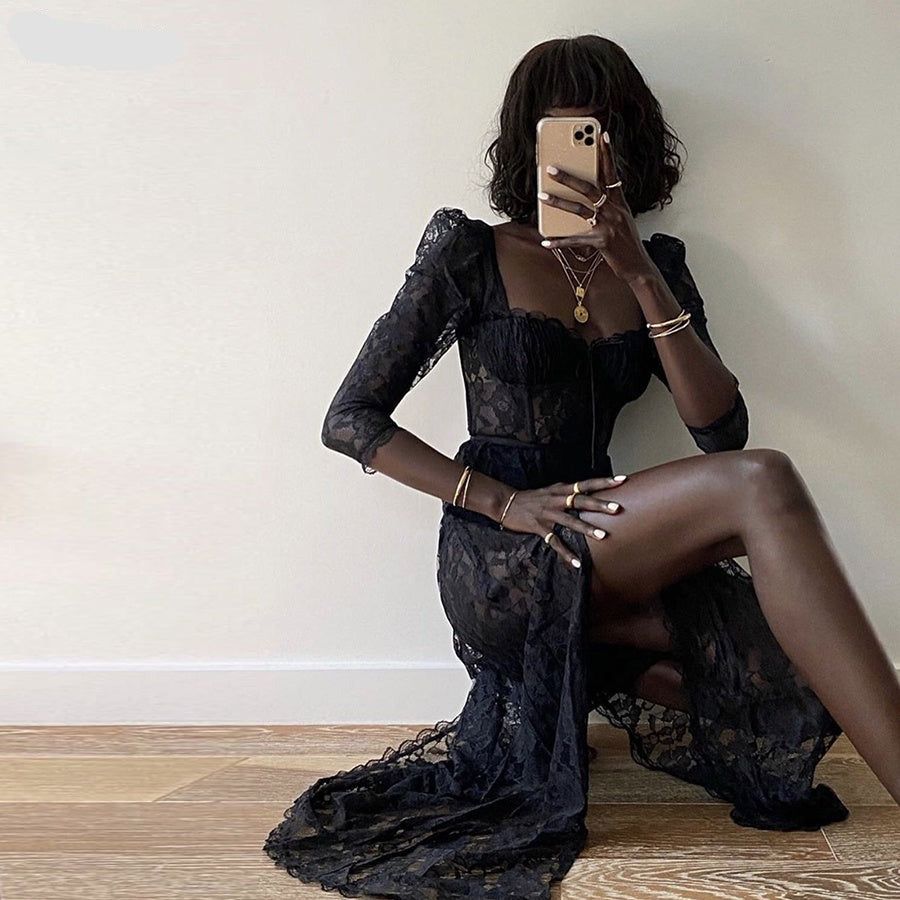 Black Sweetheart Neck Sheer Lace Corset Long Sleeve High Slit Maxi Dress 7