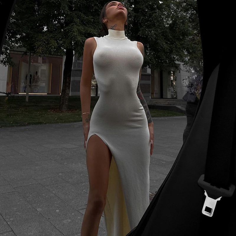 High Neck Sleeveless Ribbed Knit High Slit Bodycon Midi Dress