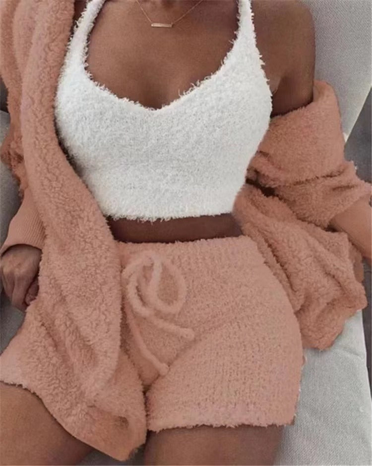 Sexy Fluffy Autumn Piece Sweatshirt Backless Plush Home Sports Women Pyjamas Wear Winter Fleece